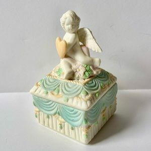 BISQUE PORCELAIN SQUARE TRINKET BOX WITH ANGEL AND HEART
